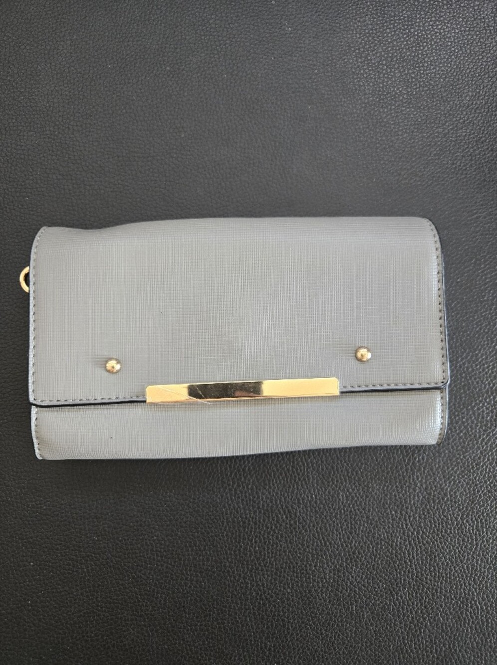 Gray Women's Saffiano Wallet Clutch with Gold Trim